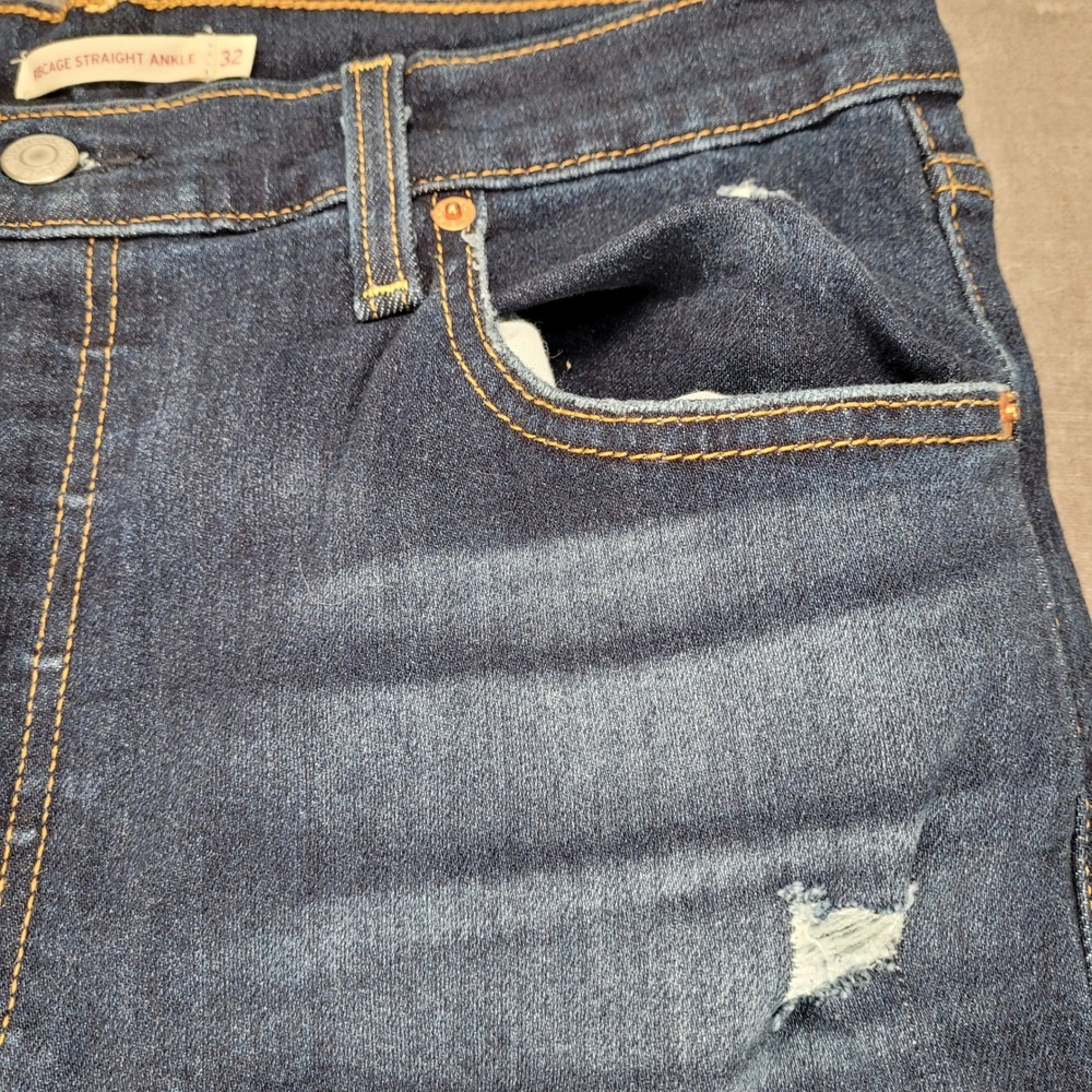 Levi's Ribcage Straight Ankle Jeans Button Fly‎ Distressed Dark Wash Denim Sz 32 - Picture 15 of 15
